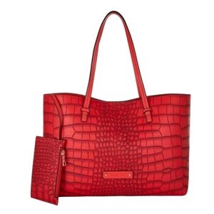 NWT De Vesi Tote De L'Amour Red Vegan Croc Embossed Leather W/ Matching Pouch